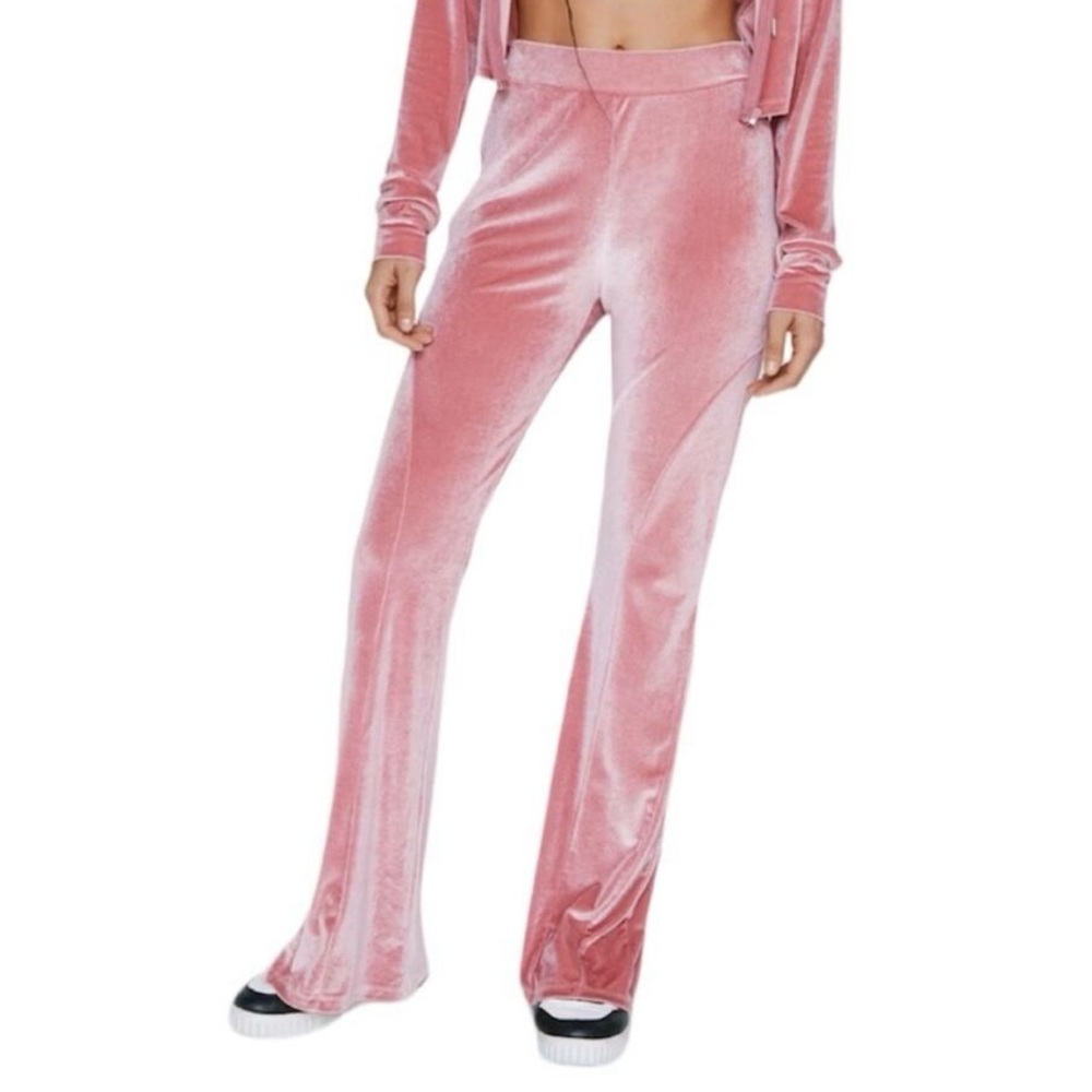 Nasty Gal Premium Pink Velour Puddle Flare Stretchy Pull On Retro Style Pants 8